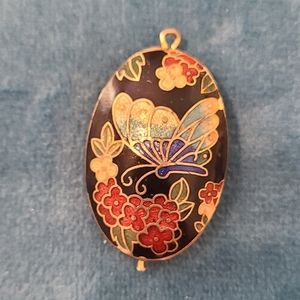 Vtg. Art Nouveau Style Cloisonné 1980’s Floral Flower Blue Butterfly Pendant